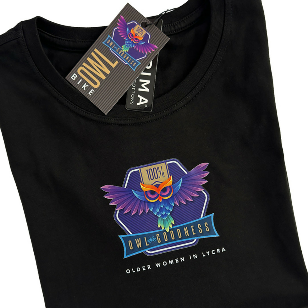 Product 100 owl goodness tshirt closeup angle tags